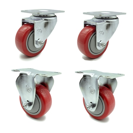 3 Inch Red Polyurethane Wheel Swivel Top Plate Caster Set With 2 Rigid SCC